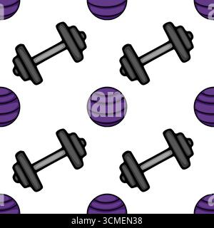 Seamless vector pattern featuring hand-drawn dumbbells and purple fitness balls on a white background, ideal for gym-themed designs and sportswear pri Stock Vector