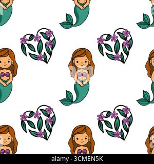 Seamless vector pattern featuring adorable cartoon mermaids with teal tails and purple flowers arranged in heart shapes on a white background, perfect Stock Vector