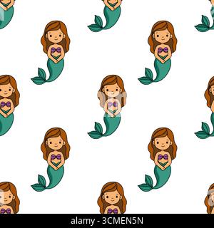 Seamless vector pattern featuring adorable cartoon mermaids with teal tails and purple tops, ideal for kids' textile design or whimsical backgrounds. Stock Vector