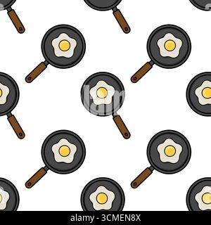Seamless vector pattern of frying pans with fried eggs, featuring a simple, cartoonish style with dark grey pans and brown wooden handles against a wh Stock Vector