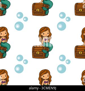 Seamless vector pattern featuring cute cartoon mermaids sitting on wooden treasure chests amidst light blue bubbles, creating a whimsical underwater s Stock Vector