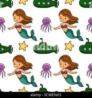 Seamless vector pattern featuring charming mermaids, whimsical submarines, jellyfish, and starfish, creating a playful underwater scene ideal for kids Stock Vector