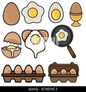 A playful vector illustration showcasing various stages of egg preparation, from whole eggs in a carton to fried eggs in a pan, with a unique cartoon Stock Vector