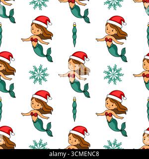 Seamless vector pattern featuring cute mermaids wearing Santa hats, teal tails, and red seashells, alongside stylized snowflakes and Christmas ornamen Stock Vector