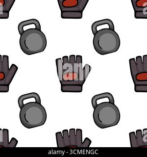 Seamless vector pattern featuring hand-drawn illustrations of kettlebells and weightlifting gloves, showcasing a playful yet sporty aesthetic with dar Stock Vector