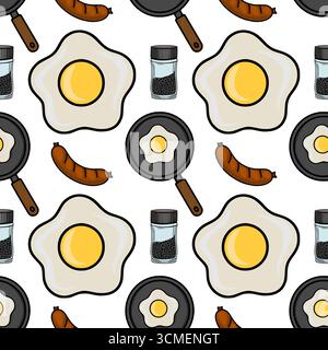 Seamless vector pattern featuring hand-drawn illustrations of fried eggs, sausages, frying pans, and a pepper shaker, creating a cheerful and appetizi Stock Vector