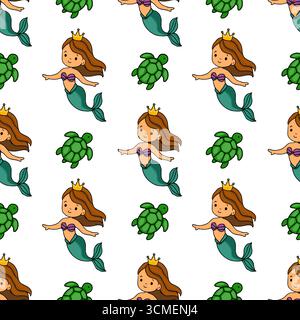 Seamless vector pattern featuring adorable cartoon mermaids with golden crowns and friendly sea turtles, creating a whimsical underwater scene perfect Stock Vector