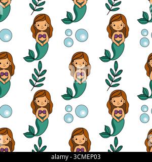 Seamless vector pattern with cute cartoon mermaids, teal tails, brown hair, purple shells, and sea plants on a white background, perfect for kids' tex Stock Vector