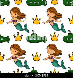 Seamless vector pattern featuring charming mermaids with flowing brown hair, teal tails, purple seashells tops, golden crowns, and dark-green submarin Stock Vector