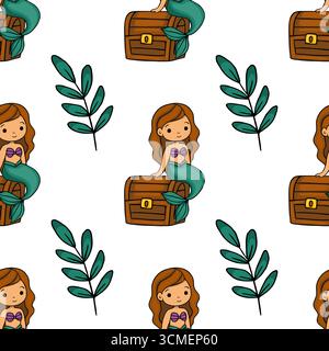Seamless vector pattern featuring adorable cartoon mermaids sitting on wooden treasure chests, interspersed with teal leaves, creating a whimsical und Stock Vector