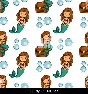 Seamless vector pattern featuring adorable cartoon mermaids with brown hair, teal tails, and purple seashells, sitting atop wooden treasure chests ami Stock Vector