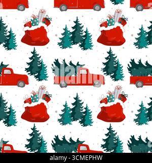 Christmas seamless pattern with a red truck carrying Xmas tree and gift bags on pine forest background. Vector illustration Stock Vector
