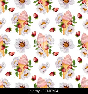 Seamless pattern with strawberry ice cream in waffle cone, strawberries and peony flowers. Watercolor illustration on white background for summer pack Stock Photo