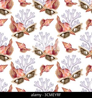 Seamless pattern featuring realistic seashells, coral branches, and sunglasses. Hand-painted watercolor illustration on white background. Perfect for Stock Photo