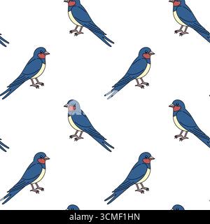 Swallow seamless pattern in cartoon style. Outline illustration. Hand drawn doodle swallow. Spring birds vector. Vector Stock Vector