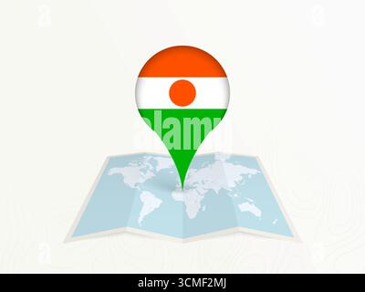 Niger Map Pin with National Flag on Open World Map. Perfect for use in travel guides, geography content, global positioning concepts, and internationa Stock Vector