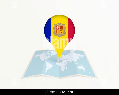 Andorra Map Pin with National Flag on Open World Map. Perfect for use in travel guides, geography content, global positioning concepts, and internatio Stock Vector