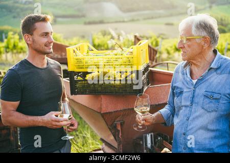 Multigenerational workers drinking wine while collecting grapes for organic wine production - Tradition, farmer lifestyle and small business concept - Stock Photo