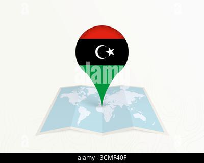 Libya Map Pin with National Flag on Open World Map. Perfect for use in travel guides, geography content, global positioning concepts, and internationa Stock Vector