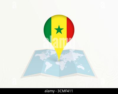 Senegal Map Pin with National Flag on Open World Map. Perfect for use in travel guides, geography content, global positioning concepts, and internatio Stock Vector