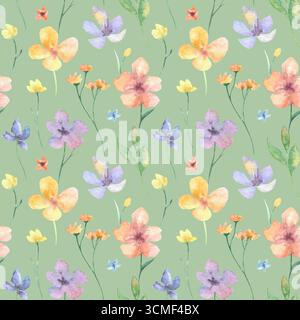 Seamless watercolor pattern with multicolored flowers Stock Photo