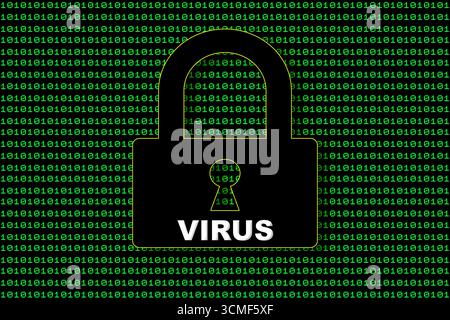 A digital padlock featuring a virus text overlay, set against a green backdrop filled with flowing streams of binary code Stock Photo
