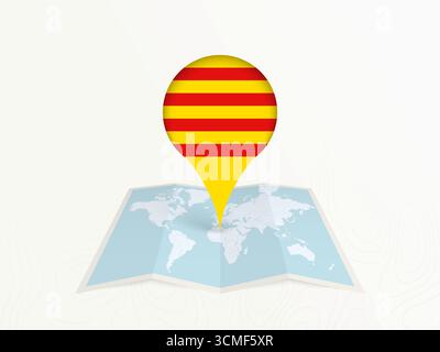 Catalonia Map Pin with National Flag on Open World Map. Perfect for use in travel guides, geography content, global positioning concepts, and internat Stock Vector