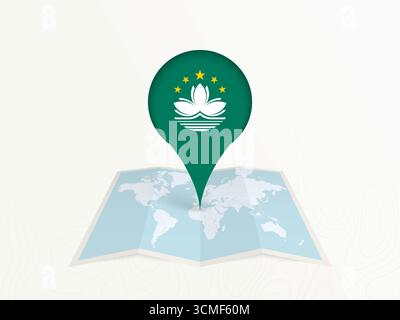 Macau Map Pin with National Flag on Open World Map. Perfect for use in travel guides, geography content, global positioning concepts, and internationa Stock Vector