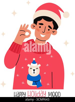 Happy Man in In Santa Hat in Red Christmas Sweater with Bear. New Year Joyful Male Character with Hand Gesture Ok. Flat Vector Illustration. Not AI Stock Vector