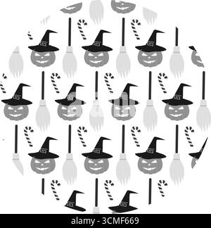 Halloween Pumpkin in Witch Hat Striped Candy Cane and Broomstick Halloween Pattern on Round Backdrop. Isolated Vector illustration Halloween Related content Greeting Thematic Cards, leaflet, price tag Stock Vector