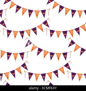 Halloween Triangular Pennant Garland with Pumpkin and Spider Cobweb Seamless Pattern Halloween Fond. Isolated Vector illustration Halloween Greetings Thematic Cards Backdrop Posters, leaflets, banners Stock Vector