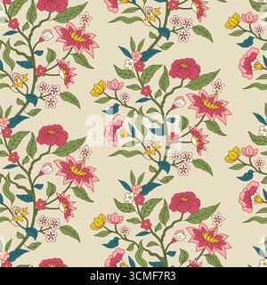 Seamless pattern with colorful jacobean hand drawn flowers on beige background Stock Vector