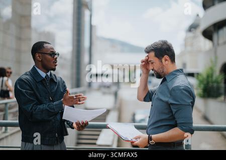 Two businessmen discussing a project while reviewing documents outdoors Stock Photo
