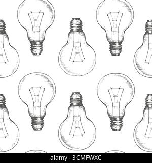 Electric bulb seamless pattern. Glass incandescent light. Graphic vector illustration. Hand drawn sketch style for design energy or idea, innovation Stock Vector