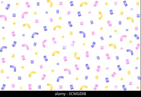 Colorful falling shiny gradient serpentine and glossy confetti background. Aesthetic banner with paper sprinkles in yellow, violet and blue colors. Ve Stock Vector