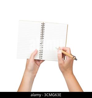 Hands Holding Pen and Writing on Empty Notebook Isolated on White Background Stock Photo