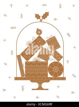 Gift boxes under cake stand lid drawing in beige theme on white background Stock Vector