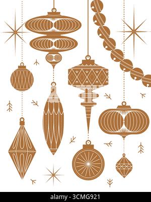 Christmas tree art deco toys in different shapes and forms in vintage style drawing in beige theme on white background Stock Vector