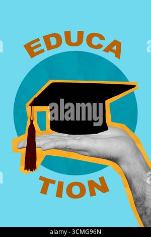 Trend artwork banner sketch 3D photo collage of education poster hand hold bachelor graduate cap learn courses pupil back school autumn Stock Photo