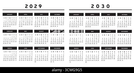 2029 and 2030 Calendar with Boxes in Black and White Colors 4 Columns - English Vector Stock Vector