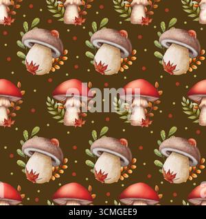 Seamless pattern of mushrooms and autumn leaves in watercolor style. Ideal for textiles, wrapping paper, stationery, invitations Stock Photo