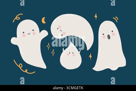 Set of cute funny ghosts and stars on the theme of childrens Halloween. Vector flat illustrations, hand drawn in cartoon style. Halloween party. Clipart for children. Stock Vector