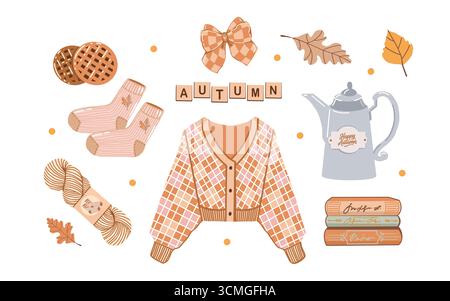 Cozy autumn attributes isolated on white background. Fall clip art set. Sweater, teapot, socks, yarn, books, waffles, bow, autumn leaves. Inscription Autumn. Vector illustration in beige and brown colors. Cute autumn elements. Stock Vector