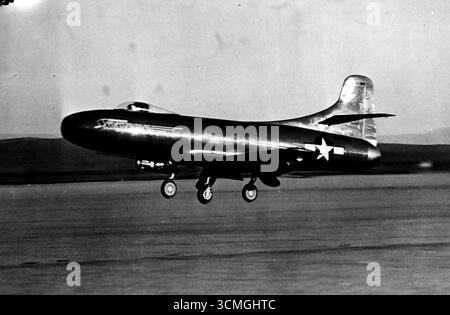 New Jet Plane On First Flight -- The Navy's new jet plane, the Skystreak, takes to the air on its first flight at the Army Air Base here. Built by Douglas aircraft company, the ship carries 500 pounds of recording instruments. its designers expect it to fly at supersonic speeds. June 5, 1947. (Photo by AP Wirephoto). Stock Photo