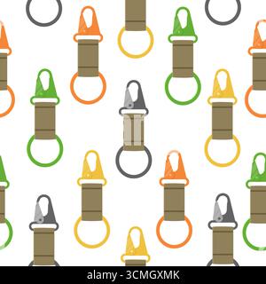 Carabiners seamless pattern. Climbing sport accessories, color guy ropes, safety tools, mountaineering sport. Textile, wrapping paper, wallpaper Stock Vector