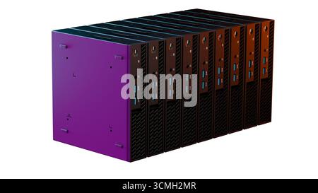 3D rendered servers with purple casing and orange light effects isolated on white background. High resolution design for technology, networking and IT Stock Photo
