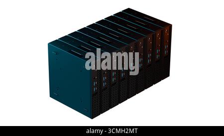 3D illustration of a modern server rack stack in dark blue tones isolated on white background. Perfect for IT, datacenter and technology themed projec Stock Photo