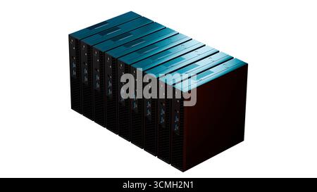 3D rendering of modern servers with teal and black design isolated on white background. High tech element suitable for IT, storage, networking and dat Stock Photo