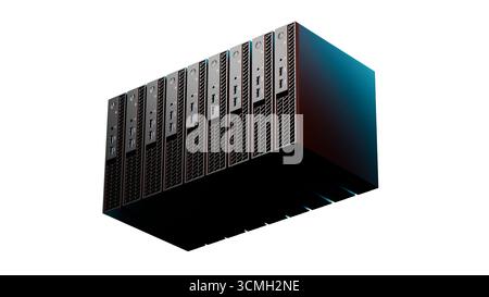 3D render of a futuristic server stack with blue illuminated accents isolated on a clean white background. Perfect technology visual for IT, datacente Stock Photo
