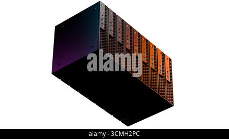 3D rendering of futuristic servers with orange and purple glow isolated on white background. High tech concept for datacenters, internet hosting and c Stock Photo